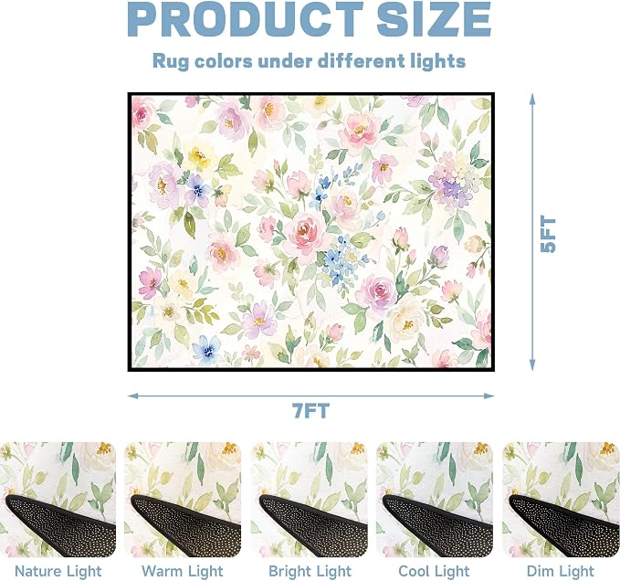 Watercolor Floral Rug 5'x7' Soft Pastel Botanical Area Rug for Entryway Bedroom Living Room Nursery Kitchen Playroom Home Decor Low Pile Non-Slip Washable Carpet