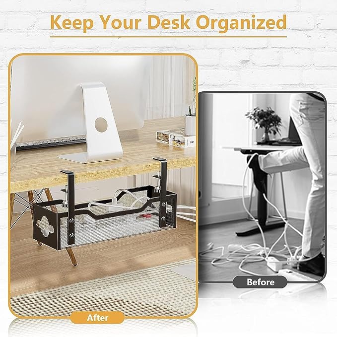 Under Desk Cable Management Tray 15.95", Quszmd Cable Organizer No Drill, Standing Cord Organizer and Wire Management Tray - No Damage to Desk, Black