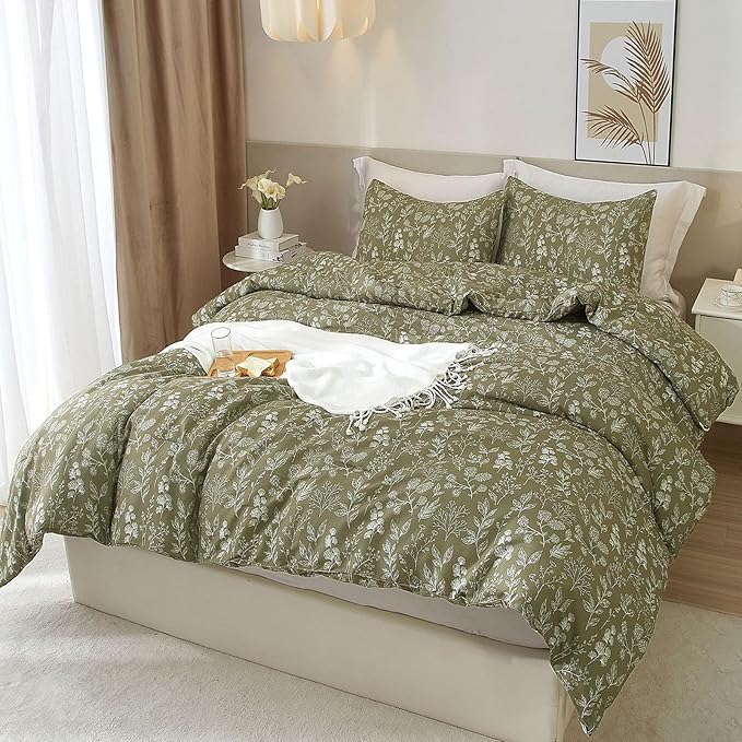 HighBuy Olive Green Comforter Full Size Garden Style Flower Leaves Bedding - Aesthetic Floral Boho Chic Bedding Set - 3 Piece, 1 Comforter + 2 Pillowcases