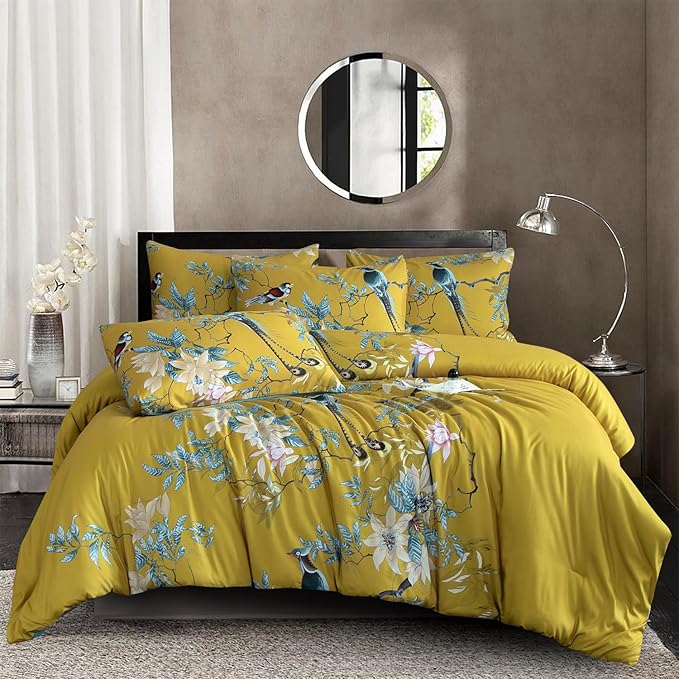 King Comforter Set Flowers 3 Pieces Soft 3D Bedding Comforter Tree Branches Flowers Birds Print Botanical Comforter Set for All Seasons 1 Comforter and 2 Pillowcases (Birds, King)