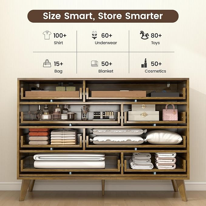 Hadulcet Wood Dressers for Bedroom 34” Tall, Large 8 Drawer Dresser TV Stand, Modern Chest of Drawers Closet Clothes Storage Organizer with Fluted Panel, No Handles Design, Dark Wood