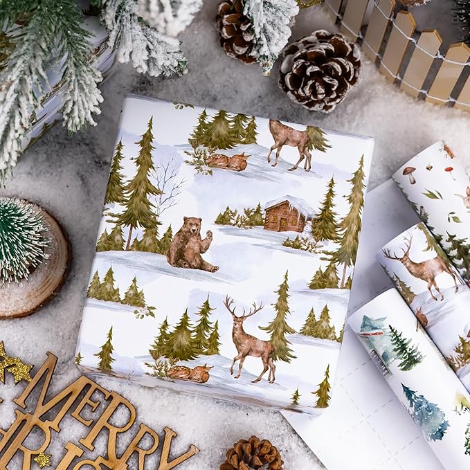 MAYPLUSS Christmas Wrapping Paper - 17" X 120" Per Roll - Vintage Watercolor Christmas Cottage, Wild Deer & Happy Polar Bears Gift Wrap Paper Winter Forest Landscape Design for Holiday