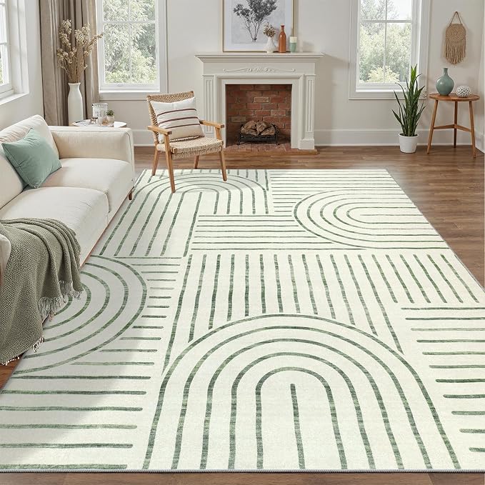DCX Abstract Machine Washable 4x6 Rug, Sage Green Modern Accent Rug for Living Room, Soft Low Pile Non Slip Carpet, Kid & Pet Friendly Stain Resistant Rug for Bedroom Dining Room Office