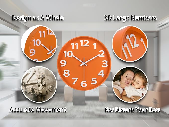 45MinST 12-Inch Modern Indoor Outdoor Wall Clock, Minimalist Orange Design, Silent Non-Ticking, Large Numbers, Perfect Decorative Accent for Home or Office (Orange)