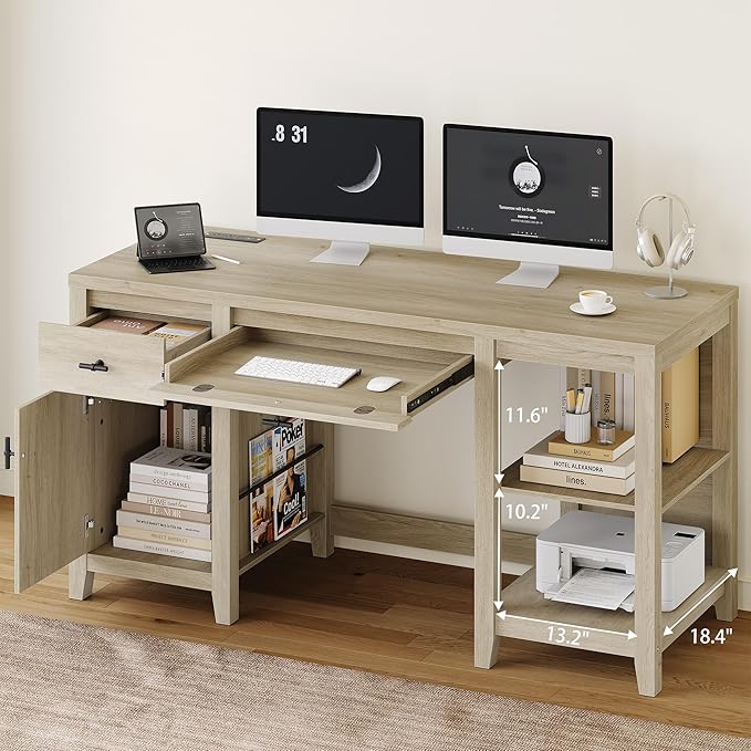 58" Executive Desk with Foldable Keyboard Tray and Charging Station, Farmhouse Wood Home Office Desk with Drawers and Magazine Rack, Large Writing Computer Desk for Home Office and Study, Brown