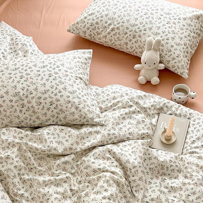 Aesthetic Floral Duvet Cover Full Breathable Soft 100% Cotton Floral Comforter Cover Vintage French Style Duvet Cover Girls Cottagecore Bedding Set Botanical Flower Comforter Cover with 2 Pillowcases