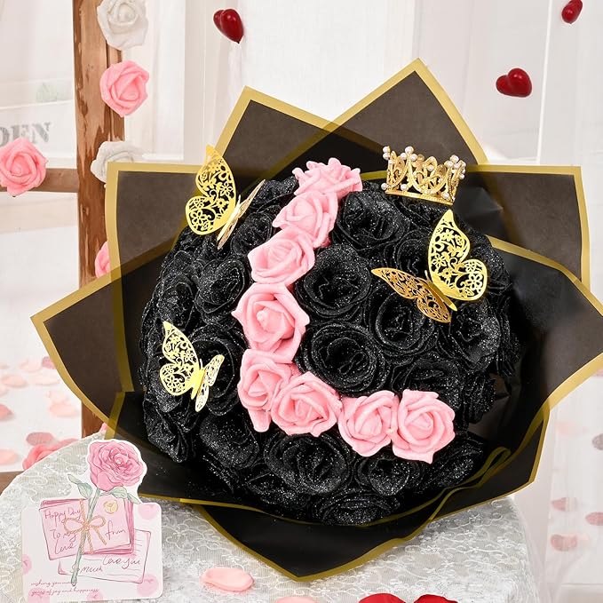 Waipfaru 36+20 Glitter Roses Bouquet, DIY Fake Flowers Bouquet, Craft The Initials of Your Loves' Name with Artificial Rose Bouquet for Valentines, Anniversary, Wedding, Black & Pink
