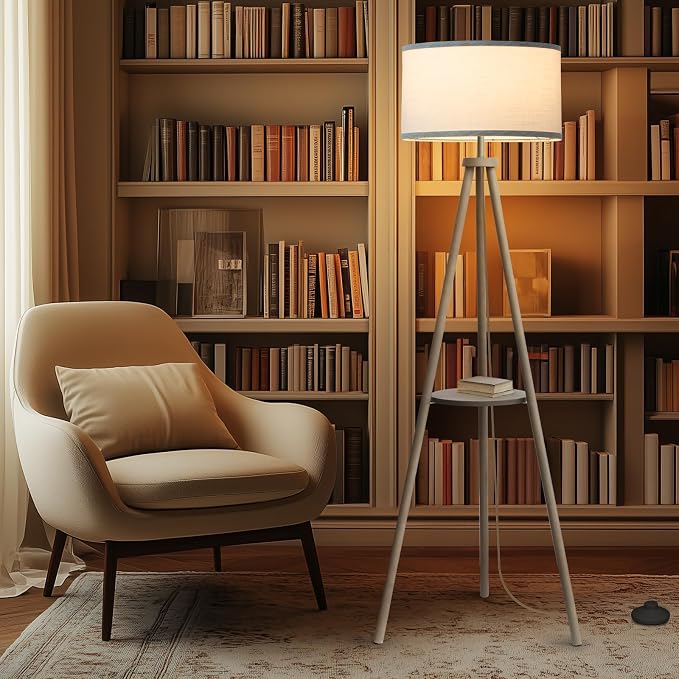 EOEYYOYB Floor Lamps for Living Room, Modern Standing Lamp with Shelf, 3 Color Temperature Led Bulb Tall Lamps with Foot Switch for Bedroom and Office, Grey