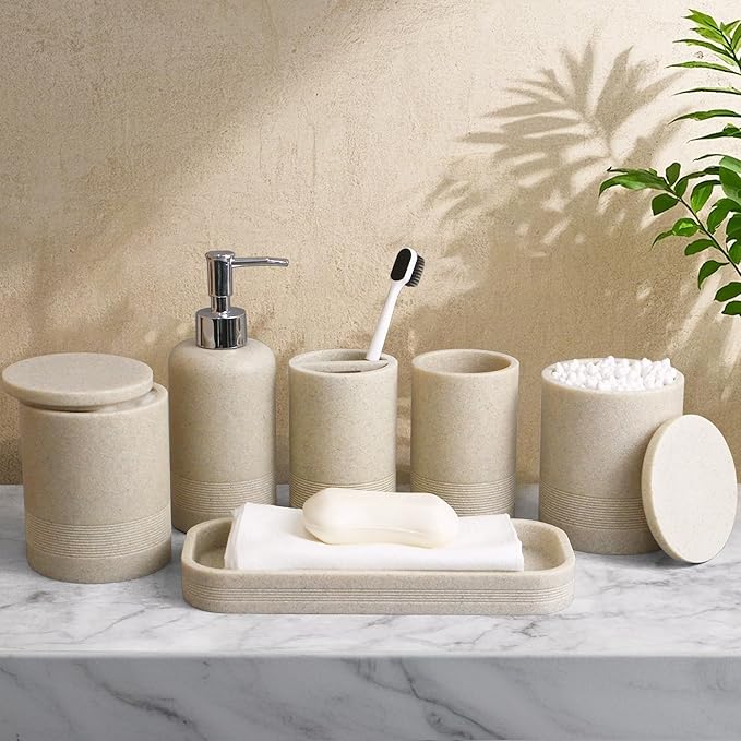 LIN CHUAN 6-Piece Bathroom Accessories Set, Bathroom Accessory Set with Soap Dispenser, Toothbrush Holder Set, Vanity Tray, Tumbler & 2 Cotton Swab Jars, Modern Stylish Bathroom Organizer(Beige)