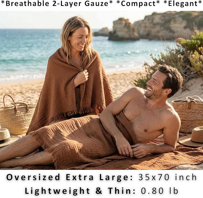 PÜSKÜL - Premium 2-Piece Oversized Muslin Bath Towel for Adult 35x70 Extra Large Bath Sheets | Natural 100% Turkish Cotton Soft Absorbent Quick-Dry Light Spa & Beach Towels (Pack of 2, Rust Brown)