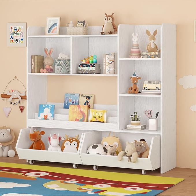 Toy Storage Organizer, Kids Bookshelf and Cabinet for Boys and Girls, Kids Bookcase and Storage Bin with Moveable Drawers for Nursery Room (White)