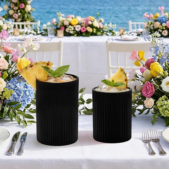 14 oz & 18 oz Ribbed Drinking Glasses Set of 12, Vintage Iced Coffee Cups Elegant Glassware, Highball Glass Cups Ridged Glass Tumbler for Cocktail, Whiskey, Beer, Water, Juice, Origami Style Black