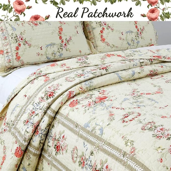 Cozy Line Home Fashions Khaki Cream Yellow Floral Blooming 100% Cotton Reversible Quilt Bedding Set Coverlet Bedspread (Rose Romance, Twin - 2 Piece)