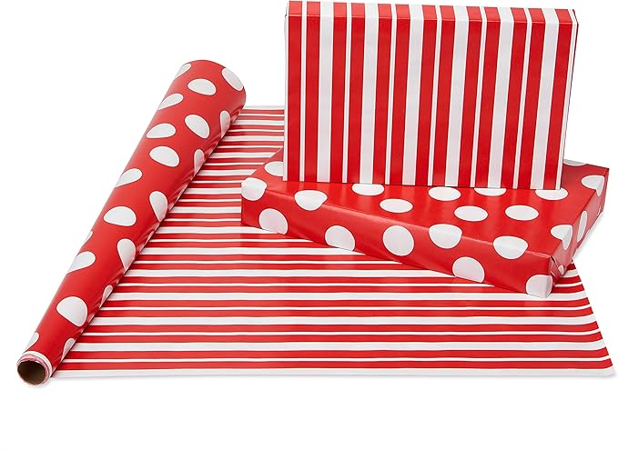 American Greetings Wrapping Paper Rolls for Christmas or Any Occasion, Metallic Gold and Red Holiday Gift Wrap (120 sq. ft., 4 Rolls-30 in. x 12 ft., Reversible) Stripes, Polka Dots, Zig Zags