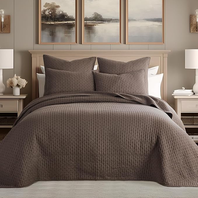 Levtex Home Cross Stitch Reversible Full Bedspread Set (100x104in) with 2 Pillow Shams (26x20in) - Stitch Texture - Cocoa - 100% Cotton Full Size Bedspread Set - Lightweight, Soft, Pre-Washed