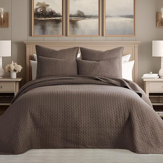 Levtex Home Cross Stitch Reversible Full Bedspread Set (100x104in) with 2 Pillow Shams (26x20in) - Stitch Texture - Cocoa - 100% Cotton Full Size Bedspread Set - Lightweight, Soft, Pre-Washed