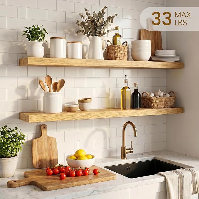 Dreamland 32inch Floating Shelves for Wall, Rustic Oak Floating Shelves for Bathroom|Bedroom|Kitchen, Deep Wall Mounted Book Shelf, Wood Storage Display Shelf for Home Decor, Set of 2