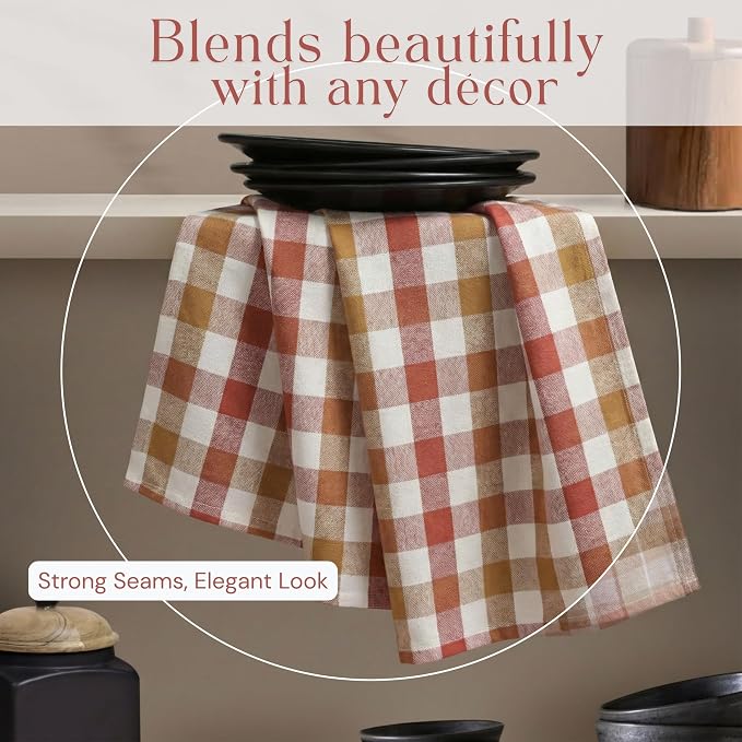 Multi Checkered Dish Towels 12 Pack, 18x26 Inches, 100% Cotton Kitchen Cloths, Quick Drying Wash Rags, Reusable & Absorbent, Washable Towels for Cleaning, Cooking - Rust, Tan, Natural