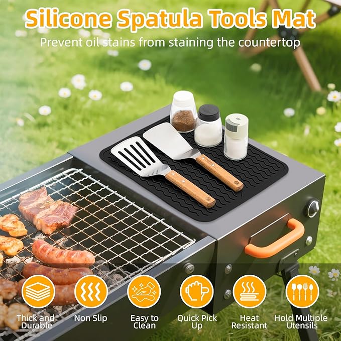 Geban Grill Accessories, 14x11 Inch Silicone Heat Resistant Mat, BBQ Tool Rest Pad for Blackstone Griddle Side Shelf, Weber, Traeger, Outdoor Kitchen Countertop Protector (Black)