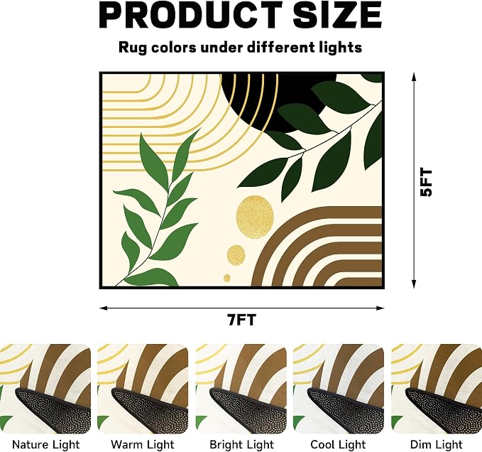 Modern Abstract Rug Geometric Area Rug Boho Green Leaf Floor Mat Soft Washable Carpet for Bedroom Living Room Kitchen Nursery Playroom Home Decor 5'x7'