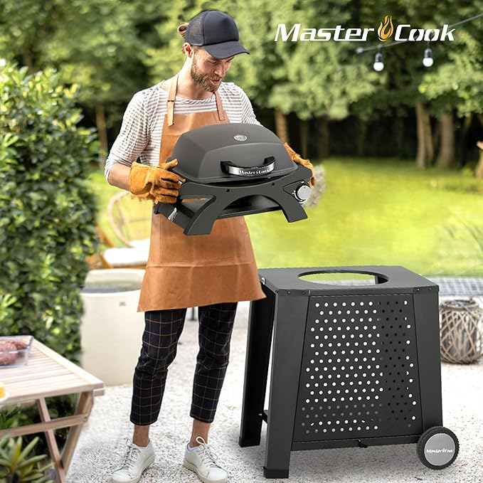 MASTER COOK Single Burner Propane Gas Grill, 266 Sqin Cooking Area, 11,500 BTU Portable Tabletop Barbecue Grill with Cart for Patio, Camping, Travel