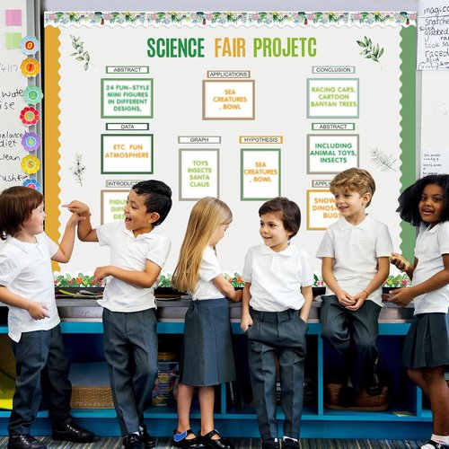 Sinload 92 Pcs Science Fair Board Supplies - 60 Trimmed Scalloped Poster Boards & 18 Presentation Titles | Green Plant Theme