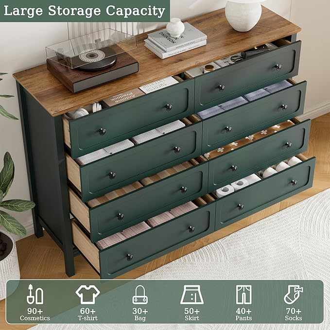 Green Dresser for Bedroom, 8 Drawer Dresser with Metal Handles, 55" Wide Modern Dressers & Chest of Drawers for Living Room, Hallway, Entryway