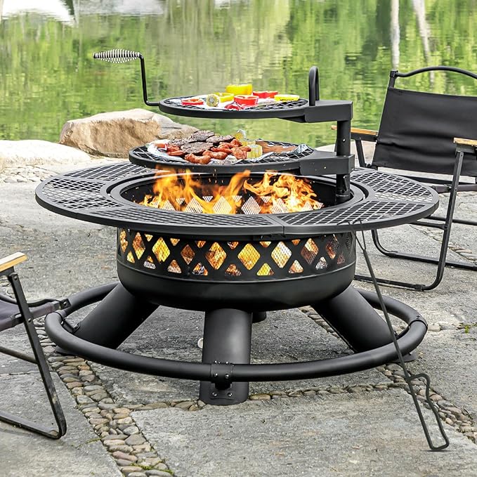 Panovue 47 Inch Outdoor Wood Burning Fire Pit with 2 Grills,Extra Large 3-in-1 Fire Pit with Metal Lid & Fire Poker, Heavy Duty BBQ Firepits for Outside, Backyard, Bonfire, Patio & Party (47'' Black)
