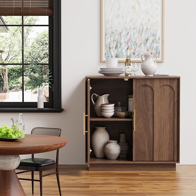 FORTUNETEC Sideboard Buffet Cabinet with Storage Set of 2, Mid Century Modern Accent Cabinet with Arched Doors, Modular Media Console, Credenza for Living Room Kitchen Dining Room Entryway, Walnut