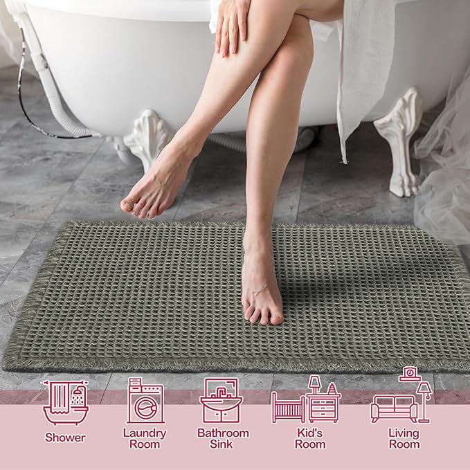 ZALL Waffle Bath Mat,Dark Green Super Absorbent Non Slip Bathroom Rug,17x24inch,Machine Washable Ultra Soft Floor Mats