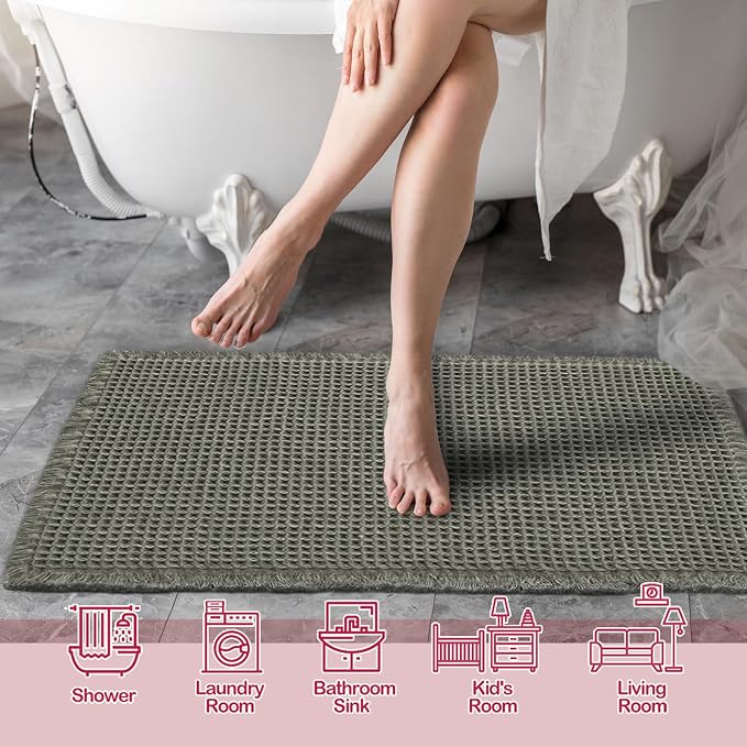ZALL Waffle Bath Mat,Super Absorbent Non Slip Bathroom Rug,Dark Green 24x36inch,Machine Washable Ultra Soft Floor Mats