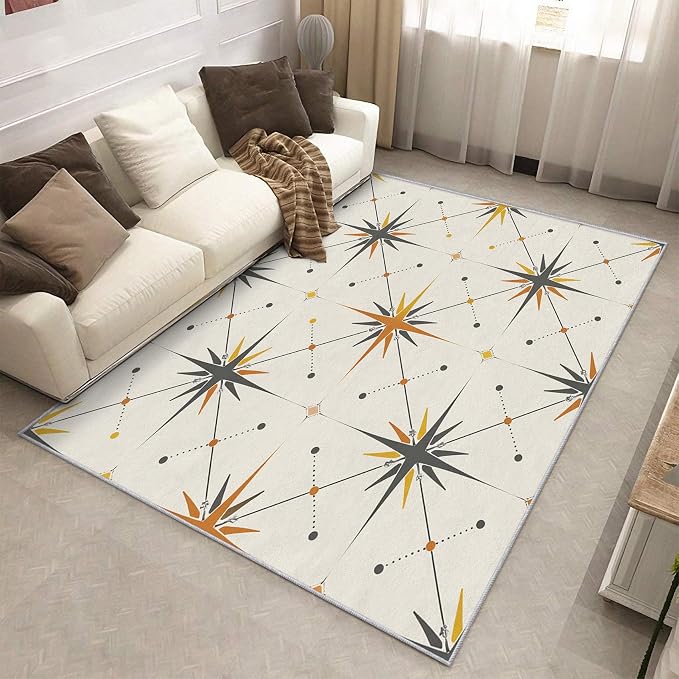 Atomic Rugs for Bedroom 4x4 ft, Mid Century Modern Area Rugs for Living Room, Washable Non Slip Low Pile Starburst Carpet, Home Decor PF-P 107