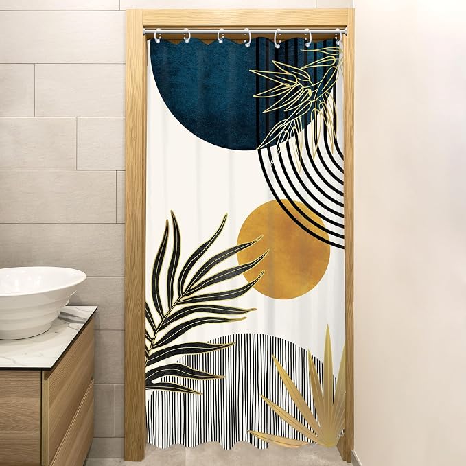 KOMLLEX RV Stall Small Mid Century Blue Boho Shower Curtain 36Wx72L Inches Abstract Modern Blue Shower Curtains for Bathroom Plant Minimalist Arch Sun Fabric Liner Waterproof Polyester 7 Pack Hooks
