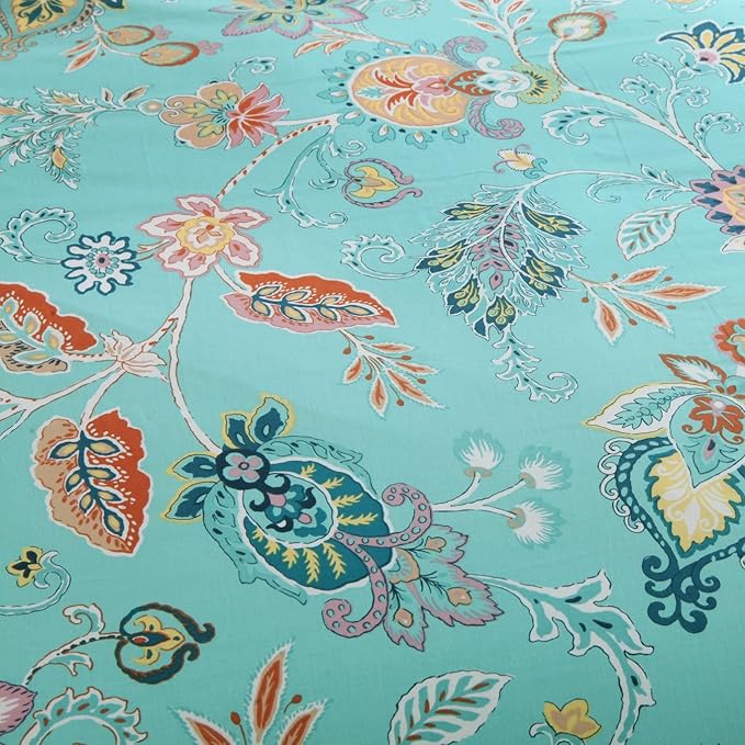 Brandream Teal Duvet Cover Set Coral 100% Egyptian Cotton Chic Floral Bedding Queen Size, 3PC