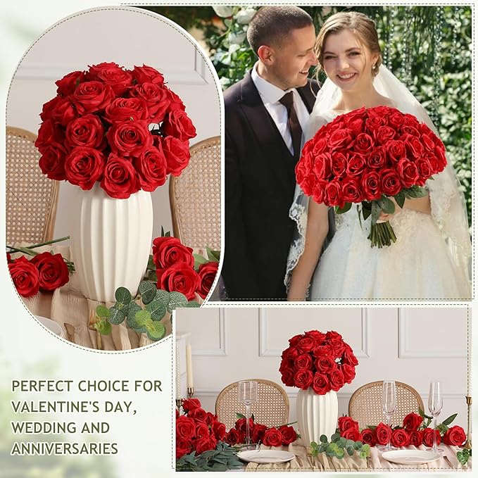 Kisflower 60 Pcs Red Roses Artificial Flowers Bulk, Silk Roses with Stems Real Look Artificial Red Roses for Decoration DIY Wedding Bouquet Bridal Shower Party Home Table Centerpieces Decor (Red)