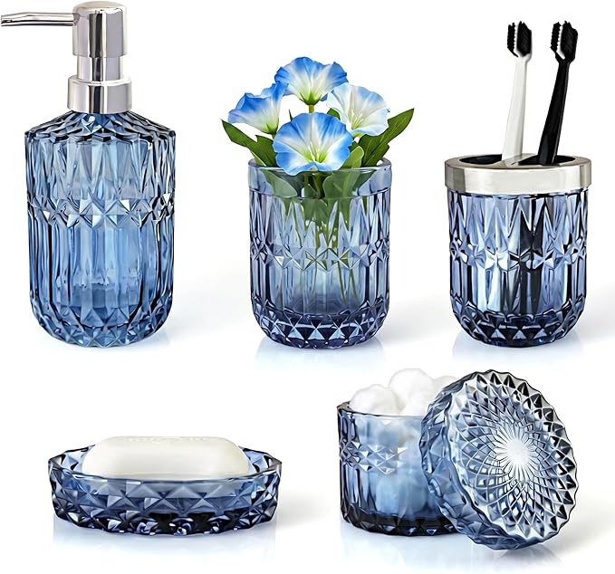 LaMarriti Blue Bathroom Accessories Set, 5Pcs Clear Glass Bathroom Accessories, Hand Soap Dispenser, Soap Dish, Toothbrush Holder Set, Qtips Holder for Crystal Vintage Bath Countertop Decor, Gift Set