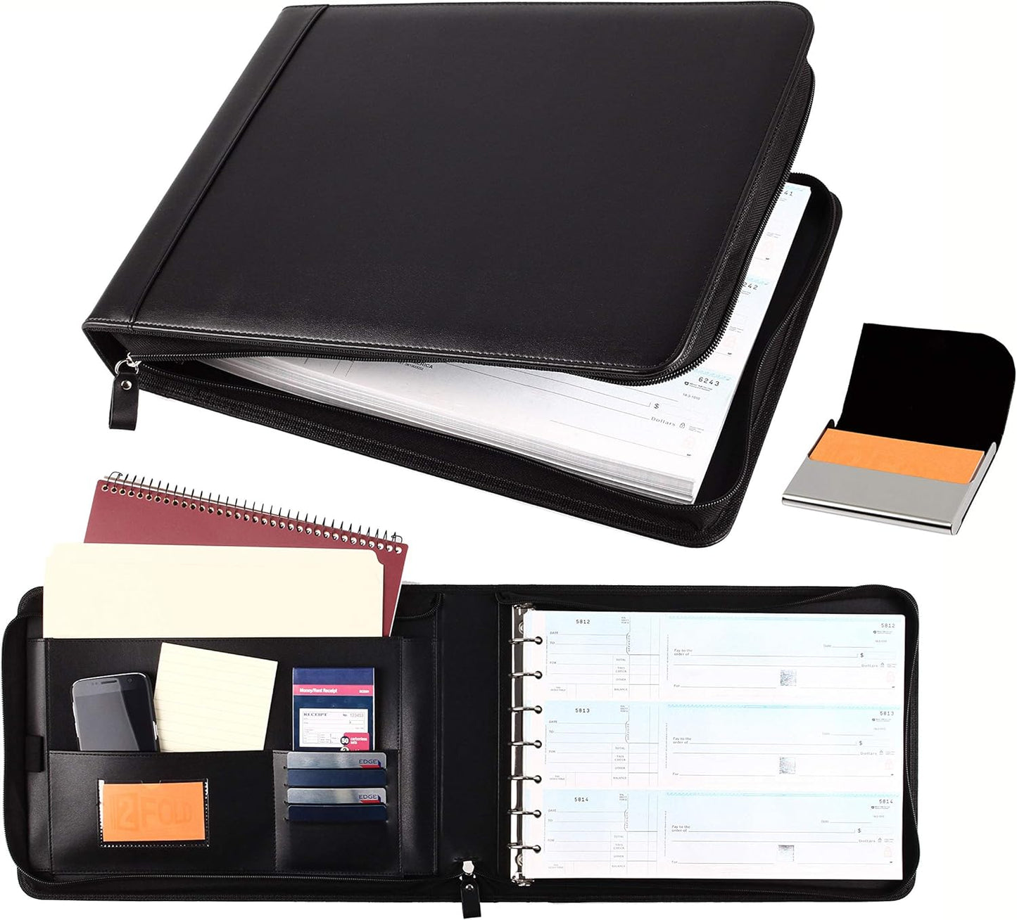 2Fold | Zippered Business Checkbook Binder - 7 Ring Organizer with Card Case - PU Leather for 600 Checks (Black)