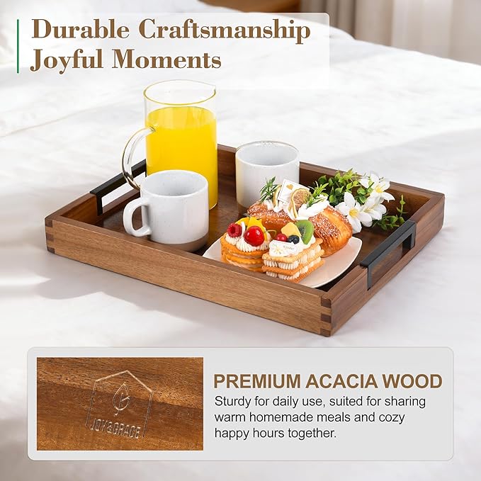 Large Ottoman Tray for Living Room and Coffee Table, Decorative Acacia Wood Serving Tray with Metal Handles for Breakfast in Bed, Dinner Food Kitchen TV (Natural, 20" x 14" x 2")