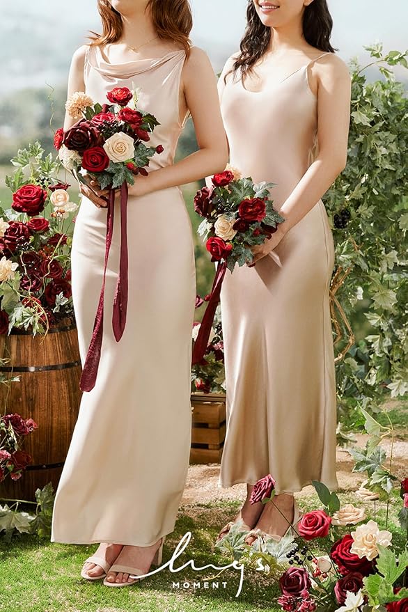 Ling's moment Fake Flowers Box, Faux Greenery Stems Silk Rose Artificial Ranunculus Foam Gardenia for Wedding Bouquets Centerpieces Table Decorations Floral Arrangement, Bordeaux Red, Deluxe Combo