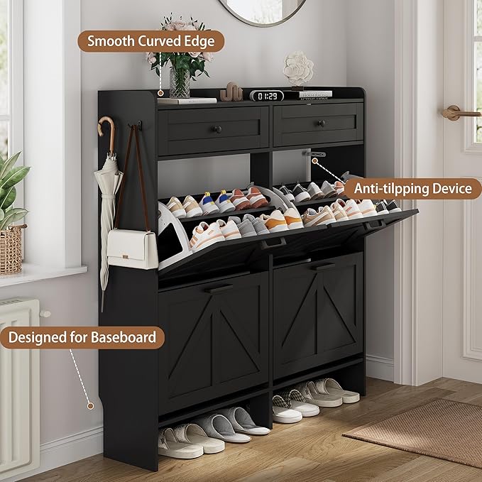 Shoe Cabinet with 4 Flip Drawers & 2 Top Drawers, 43" Tall Freestanding Narrow Wooden Shoe Storage Organizer for Entryway, Hidden Slim Shoe Rack for Front Door Entrance, Hallway, Living Room, Black