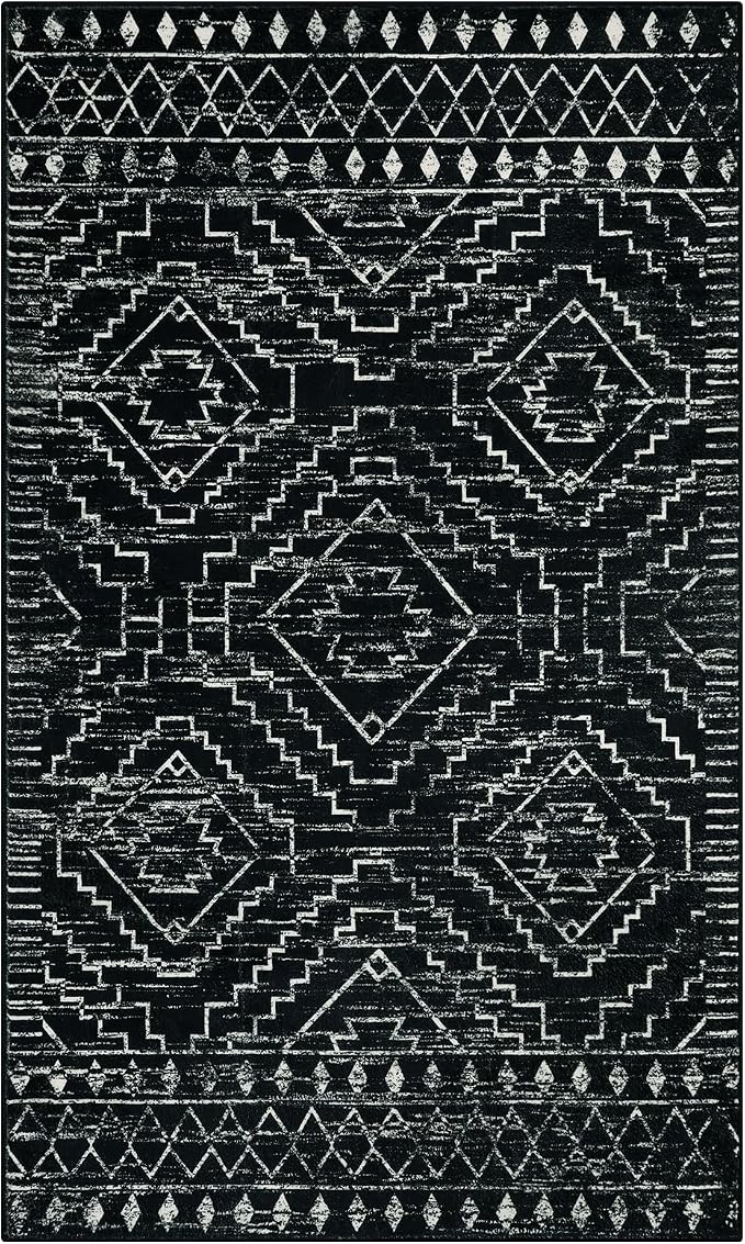 Wonnitar Moroccan 3x5 Rug, Black Washable Small Rug for Bedroom, Non-Slip Geometric Tribal Entry Throw Mat, Boho Farmhouse Rustic Soft Low Pile Area Rug for Bathroom Dining Guest Room (Black,3'x5')
