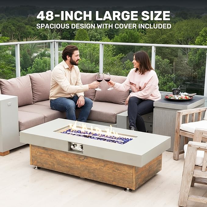 SHINETUNE Outdoor Propane Fire Pit – 48" Fire Table with 50,000 BTU, Modern Propane Fire Pit with Adjustable Flame & Matching 20 lb Tank Stand for Patio, Garden, Deck