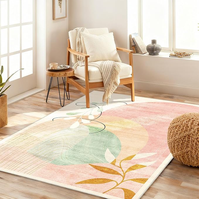 MUJOO 3x5 Washable Rugs,Boho Large Area Rug for Entryway Kitchen Entry Bedroom Bedside Foyer,Small Throw Carpet Indoor Non Slip Mid Century Modern Abstract Botanical Geometric Accent Pink