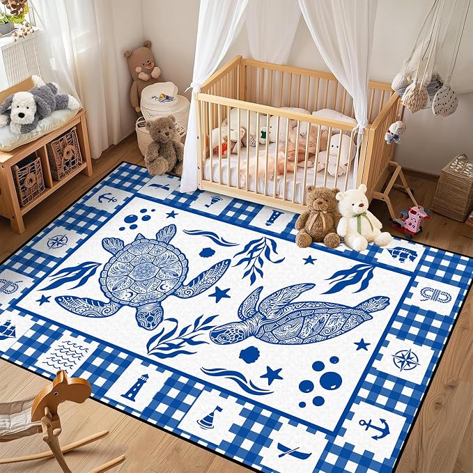 Sea Turtle Rug Coastal Ocean Print Floor Mat Blue and White Plaid Area Rug for Entryway Bedroom Living Room Nursery Kitchen Playroom Home Decor Non-Slip Washable Carpet,2'x3'