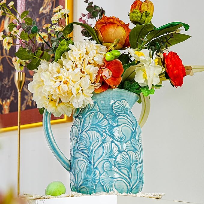 Sungmor Embossed Ceramic Pitcher Vase, Decorative Blue Farmhouse Ceramic Pitcher for Flowers, Vintage Textured Vase for Table, Kitchen & Home Decor, 8 Inch with Ice Crackle Glaze Finish