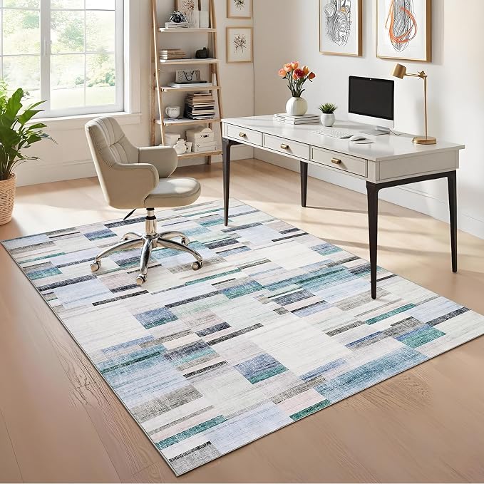 Modern Area Rugs 5x7 Rug for Living Room Washable Geometric Throw Rugs with Non-Slip Backing, Non-Shedding Contemporary Accent Carpet, Low Pile Floor Cover for Bedroom, Office, Blue