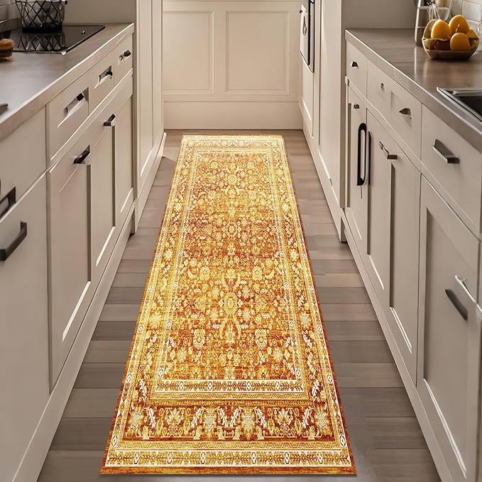 OPPODREAM Vintage Orange 2x8 Runner Rug, 2 x 8 Retro Washable Rug Non Slip, Low-Pile Faux Wool Carpet, Distressed Floor Mat for Kitchen, Hallway, Entry-Way, Entrance, Indoor Back Door