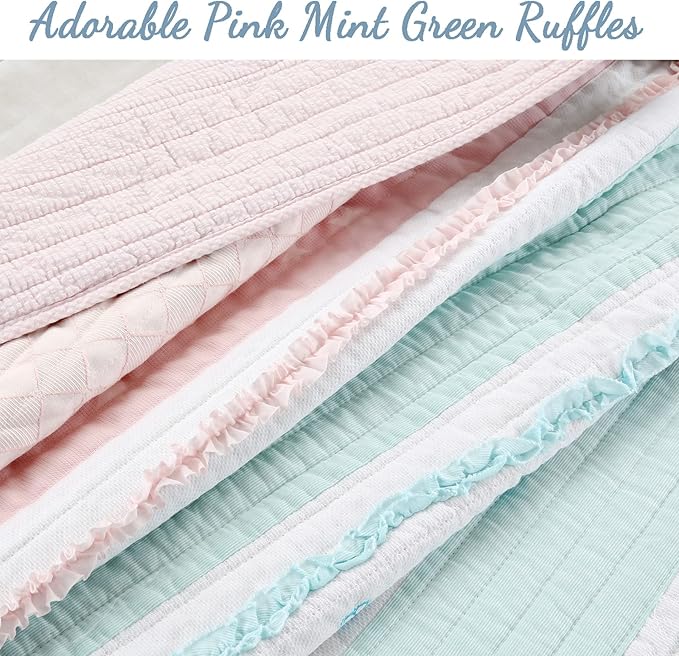 Cozy Line Home Fashions Light Pink Blue Ruffles Girl 100% Cotton Reversible Quilt Bedding Set, Coverlet, Bedspread (Candy, Twin - 2 Piece: 1 Quilt + 1 Sham)