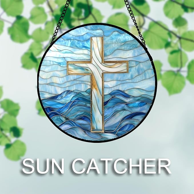 Christian Gifts for Women - Blue Cross Stained Glass Window Hanging Jesus Easter Ocean Waves Sun Catcher Garden Religion Decor Mother's Day Catholic Gift for Men Grandma Mom Her Nana 15"