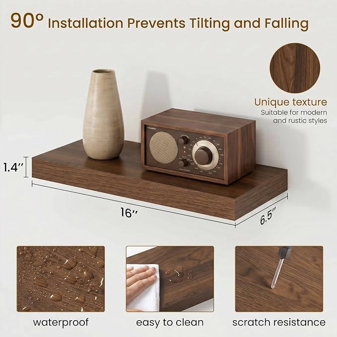 Dreamland Walnut Floating Shelves, Wall Mounted Shelves for Storage and Home Decor, Rustic Wood Shelves for Bathroom, Living Room, Bedroom and Kitchen, 16" x 6.7" Set of 2